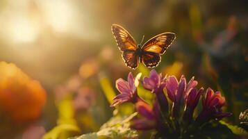 Butterfly on flower with sun shining through photo