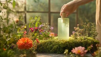 A person holding a bottle of green liquid in front of a garden photo
