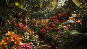 A woman is walking through a tropical garden photo