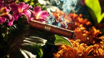 A cigar sitting on top of some flowers photo