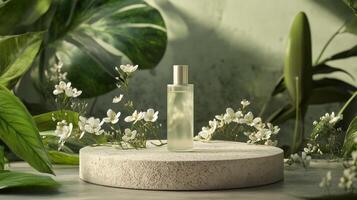 A bottle of perfume sits on a stone pedestal surrounded by plants photo