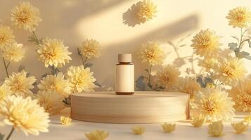 A bottle of essential oil is surrounded by yellow flowers photo