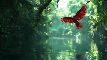 A red parrot flying over a river in the jungle photo
