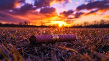 A cigarette sits in a field with the sun setting behind it photo