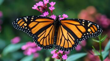 A monarch butterfly is perched on some pink flowers photo