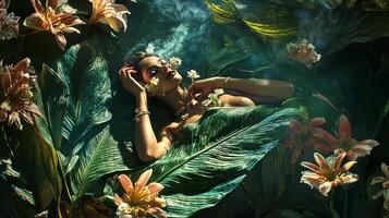 A woman laying in the middle of a jungle with flowers photo