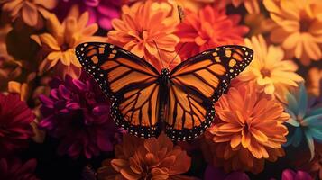 A monarch butterfly is sitting on a bunch of flowers photo