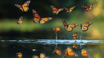 Butterflies flying over water with reflection photo