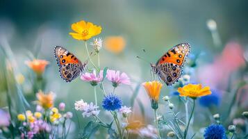 Two butterflies are sitting on a field of flowers photo