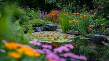 A garden with colorful flowers and water lilies photo