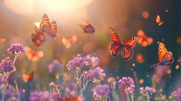 Butterflies flying over a field of purple flowers photo