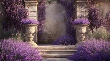 Lavender garden with stone steps and flowers photo