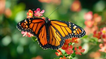 A monarch butterfly is sitting on some flowers photo