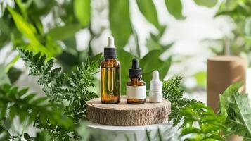 Essential oils on wooden stand with green plants photo