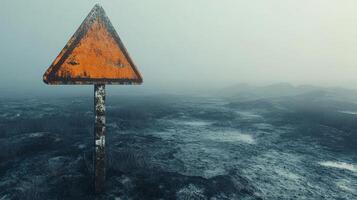 Rusty warning sign standing in desolate landscape showing environmental damage photo