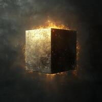 Mysterious glowing cube floating in dark space with golden particles photo