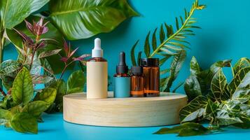 Essential oils on a wooden stand with leaves and plants photo