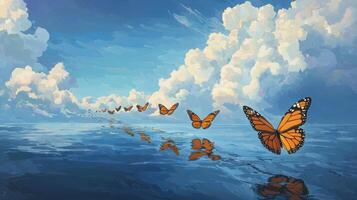 Butterflies flying over water with clouds in the background photo