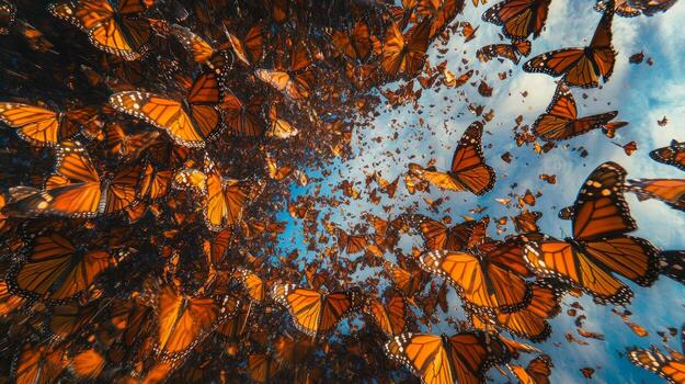 un grande grupo de mariposas volador en el aire foto
