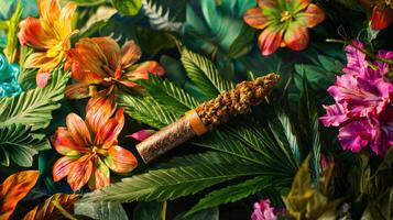 A marijuana leaf is surrounded by flowers and leaves photo