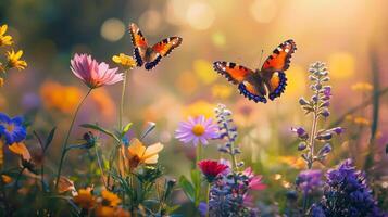 Butterflies flying over flowers in a field photo
