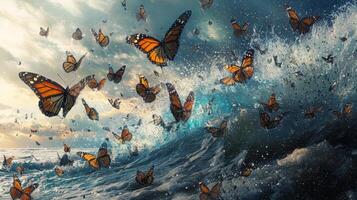 Butterflies flying over the ocean waves photo
