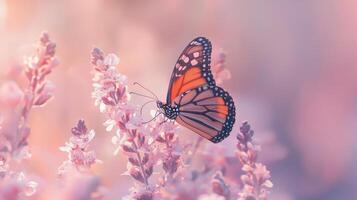 A butterfly is sitting on a purple flower photo