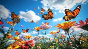 Butterflies flying over a field of flowers photo