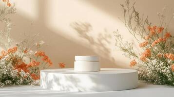 A white container with flowers on a table photo