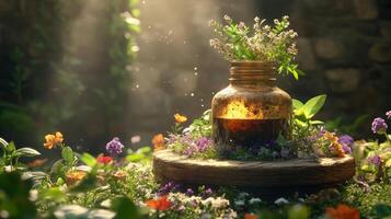 A bottle filled with flowers and herbs is sitting on the grass photo