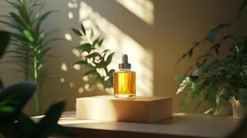 A bottle of essential oil sits on a wooden block photo