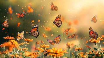Butterflies flying over flowers in the sun photo
