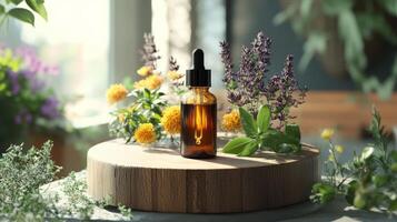 Essential oils and flowers on a wooden table photo