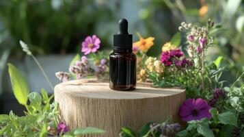 A bottle of essential oil sits on top of a wooden stump photo