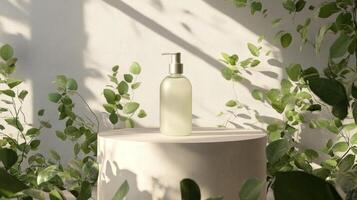 A bottle of hand soap sits on a pedestal surrounded by plants photo