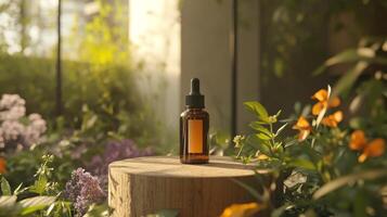 A bottle of essential oil sits on a stump in a garden photo