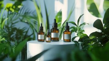 Three bottles of essential oils are sitting on a white pedestal photo