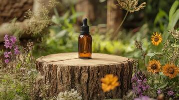 A bottle of essential oil sits on a stump in a field of wildflowers photo