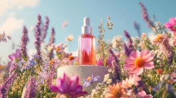 A bottle of perfume is sitting on top of a field of flowers photo