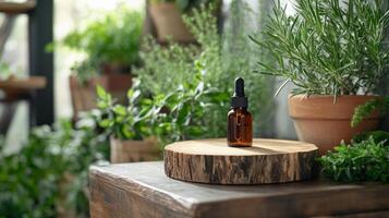 Essential oils on a wooden table with potted plants photo