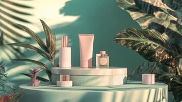 A table with cosmetics products and plants photo