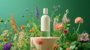 A bottle of wine surrounded by flowers photo