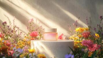 A bottle of perfume sits on a pedestal surrounded by flowers photo