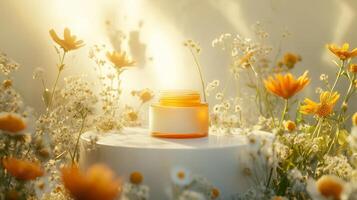 An orange jar of cream sits on a white table surrounded by flowers photo