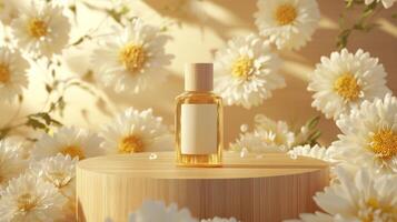 A bottle of perfume sits on top of a wooden stand surrounded by daisies photo