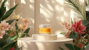 A jar of honey sits on a pedestal surrounded by flowers photo