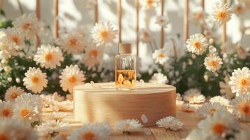 A bottle of perfume sits on top of a wooden box surrounded by daisies photo