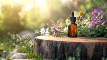 Essential oils and flowers on a tree stump photo