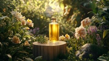 A bottle of oil sits on a stump surrounded by flowers photo