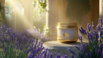A jar of lavender oil sits on a stone ledge photo